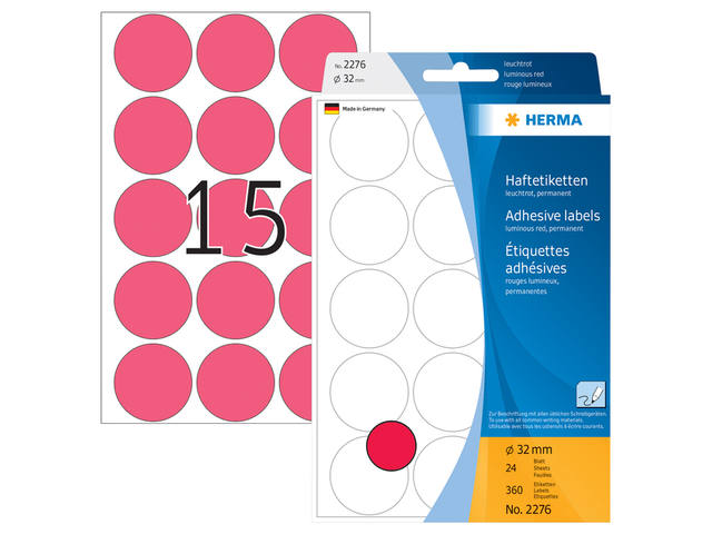 Etiket HERMA 2276 rond 32mm fluor rood 360stuks 2
